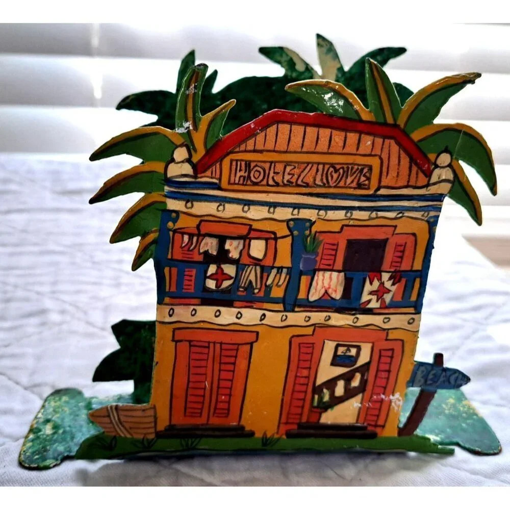 Folkart Boho Metal Napkin Holder Tropical Hand Painted Beach Palm Trees Hotel